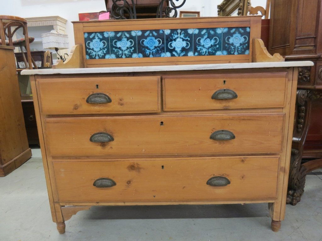 Antique Marble and tile topped pine chest (1 of 9)