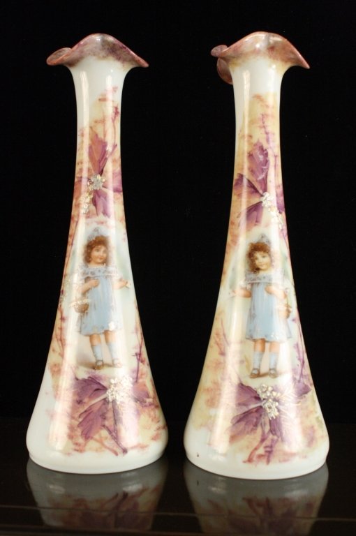 Pair Antique painted Victorain vases: Long necked vases with hand paintings of victorian scenes on each, fluted edges. Excellent condition. Each measaures 12.5 inches height.