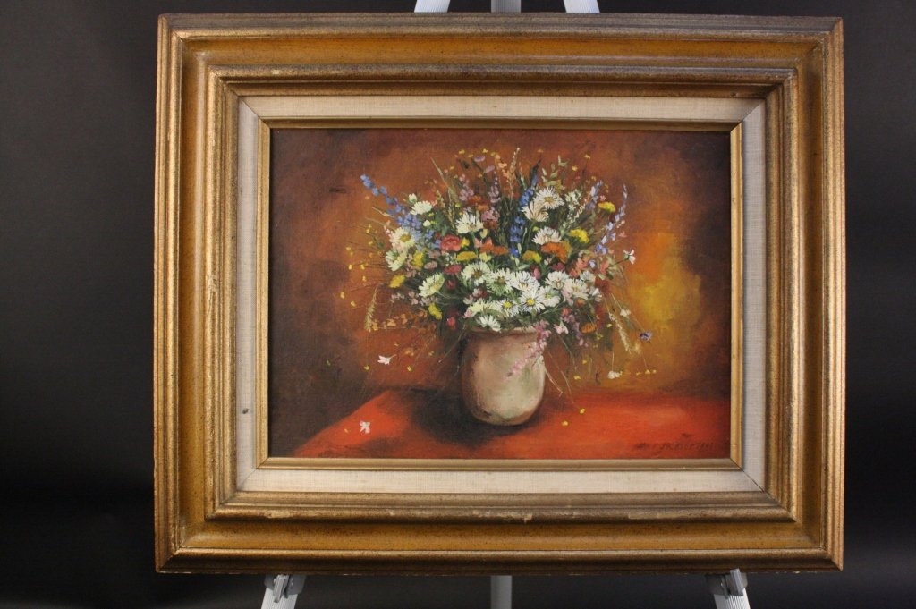 JANE JACKTER Flora still life oil on canvas: Signed and dated 1981 , Oil on canvas wild flower still life in stone jug, Vintage. Measures 15 inches by 21 inches. Carved painted and gold leafed frame.