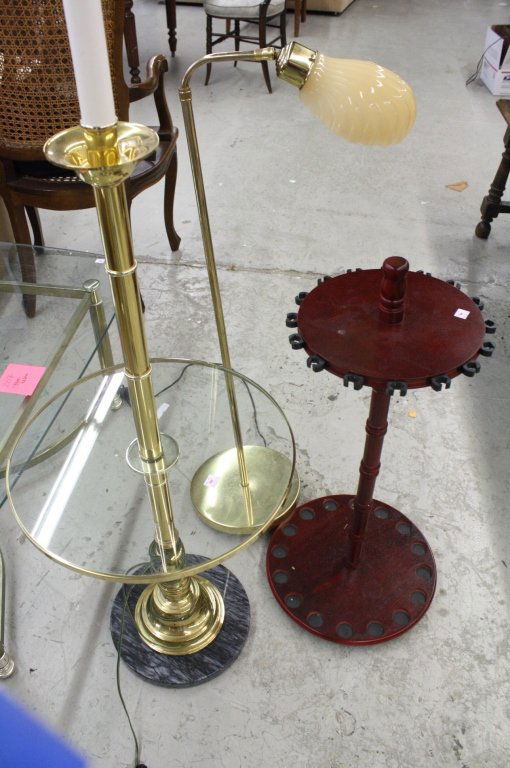 Group two vintage floor lamps pool cue stand: Carved pool cue stand, one brass and glass and marble based floor lamp with attached table, one vintage brass and glass shell form floor lamp.