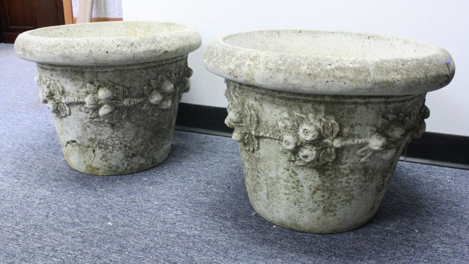 Pair Stone Planters acorn and vine relief borders (1 of 5)