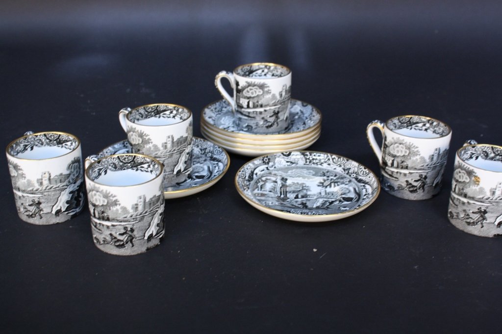 Vintage TIFFANY & CO. SPODE Demitasse Set: Black and White Painted English countryside scene with gold trim. Set of six cups and six sauces. Excellent condition.