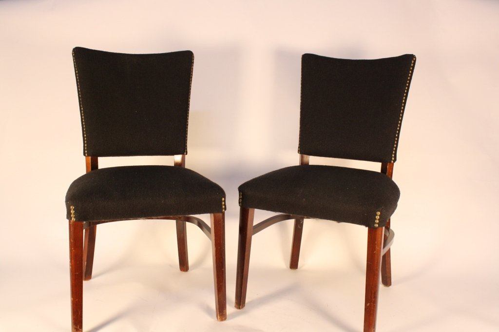 Black Wool Brass Nail Head Chairs: Set of two chairs in very good condition. Black burlap fabric and brass nail heads. Back chair measures 35 inches high, seat measures 17 inches deep and 19 inches wide.