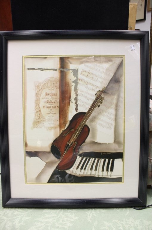Signed Violin, Piano and Sheet Music Mixed media: Violin, Piano and sheet music Mixed media Piece. Professionally framed and gold,black and cream matting. Signed. 24.5 Inches wide by 29 high