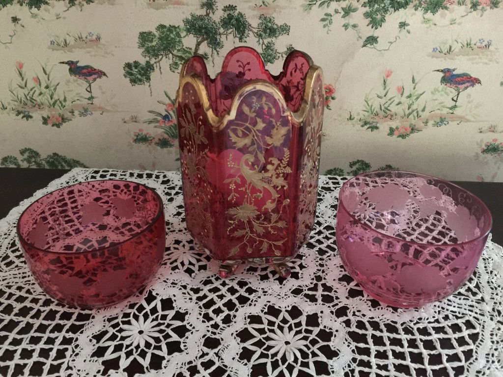 Etched Cranberry Glass Group Lot (1 of 6)