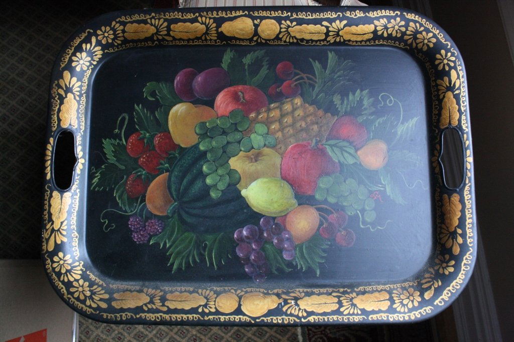 Antique Tole Tray Black with Fruits and Flowers (1 of 5)