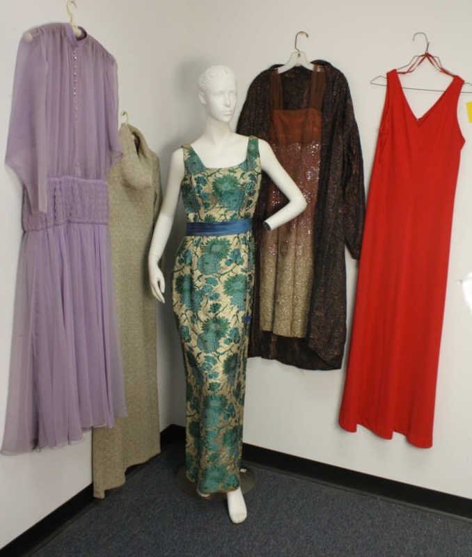 Group Lot Vintage Dresses: Lot includes labels from Lisa Michaels USA, Asian silk robe, hand made i love lucy style gown in gold glitter, Parade New York, hand made lace and sequin and beads dress, Shrader Sport New York, lilac