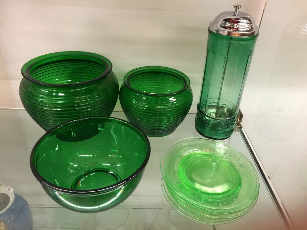 Green Glass Ribbed Bowls, Dishes and Straw (1 of 4)