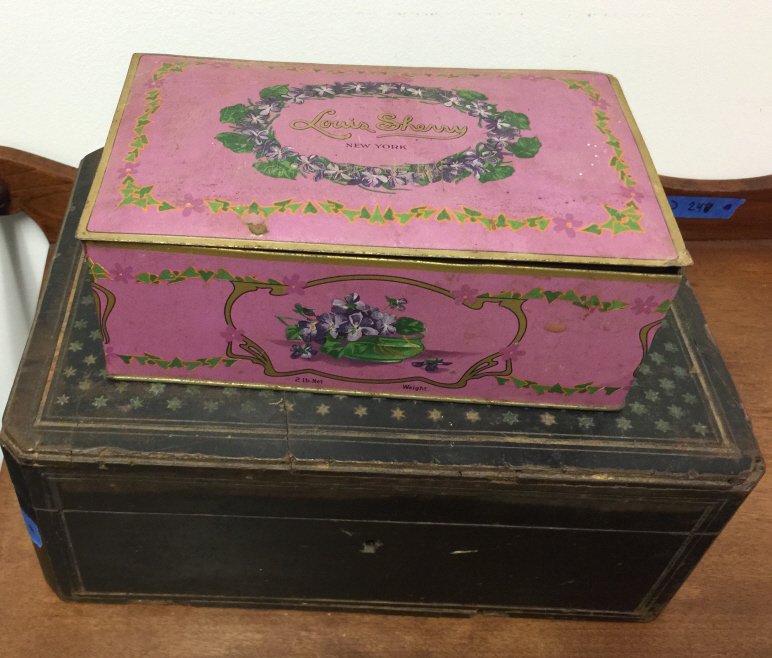 Grandmothers Jewelry Box and Witman's Candy Box: Smaller measures 6 inches deep by 9.5 inches wide by 3.5 inches tall. Larger measures 9.5 inches deep by 13 inches wide by 5 inches tall