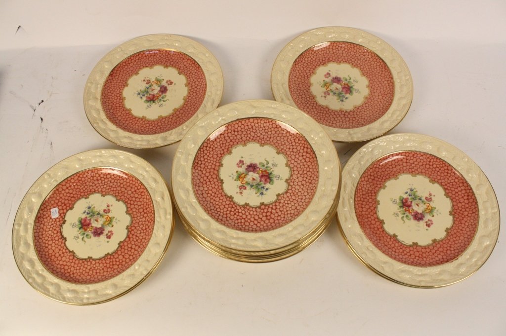 ROYAL ADAMS set Porcelian english Dinner Plates: Set of 12 English Bone China DInner Plates, Hand painted, gold leaf details and raised leaf and acorn border. Centers with wide richly colored rasberry design and center florals Each marked Adams Engl