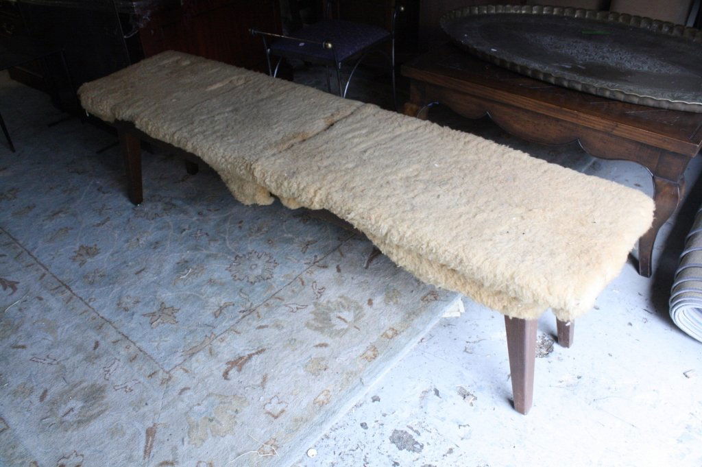 Mid Century Teak Bench Covered in Sheepskin (1 of 7)
