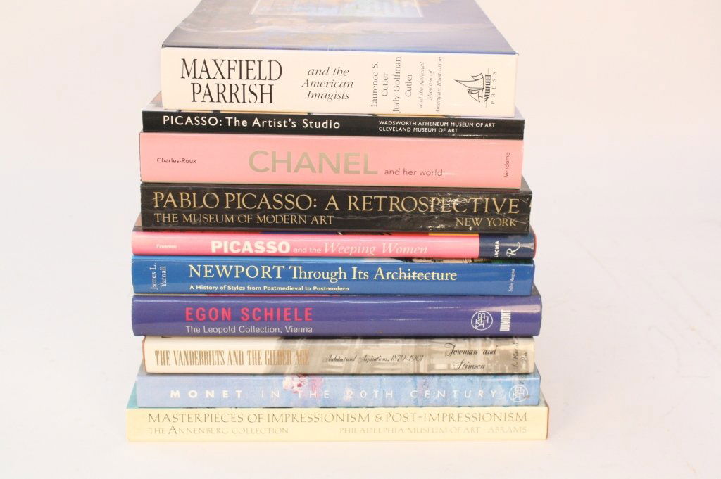 Lot of 10 Art Books CHANEL, PICASSO, MONET: Maxfield Parrish, Picasso, Chanel, Pablo Picasso, Picasso, Newport Through Its Architecture, Egon Schiele, The Vanderbilts and the Gilded Age, Monet, Masterpieces of Impressionism and Post-Impressioni