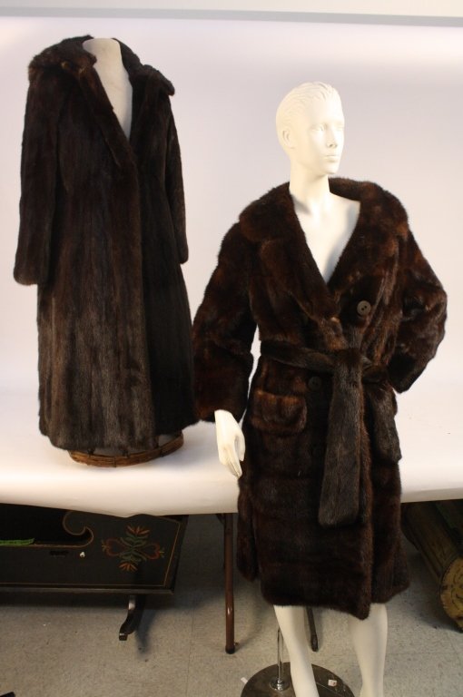 Two Womens Full Length Mink Coats: One with buttons and one with a wrap belt. Womens six