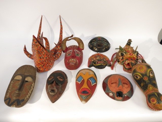 Group Lot of African and Indigenous Masks: Several Indian, Pacific Island and/or Balinese. Total of ten collected on world travel trips made during the 1970s.