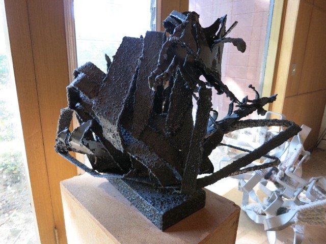 HENRIETTA KARASIN Abstract Metal Sculpture: Abstract Welded and Forged Metal Sculpture. Welded, cut, forged and twisted technique in BRUTALIST Style. Executed during the 1970's-early 1980's. Incised KARASIN on base. 20h x 32w 18d.