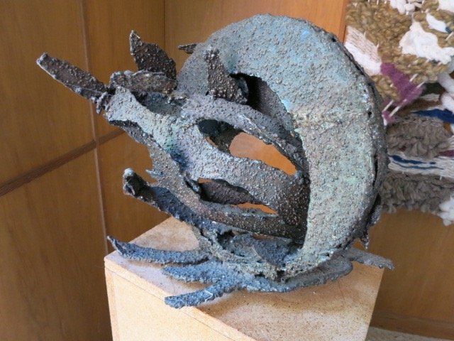 HENRIETTA KARASIN Abstract Metal Sculpture: Abstract Welded and Forged Metal Sculpture. Welded, cut, forged and twisted technique in BRUTALIST Style. Executed during the 1970's-early 1980's. Incised KARASIN on base. Measures 15 H by 18 W by 13 