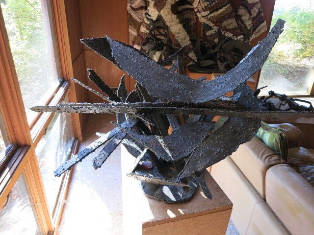 HENRIETTA KARASIN Abstract Metal Sculpture: Abstract Welded and Forged Metal Sculpture. Welded, cut, forged and twisted technique in BRUTALIST Style. Executed during the 1970's-early 1980's. Incised KARASIN on base. Measures 23 H by 32 W by 31