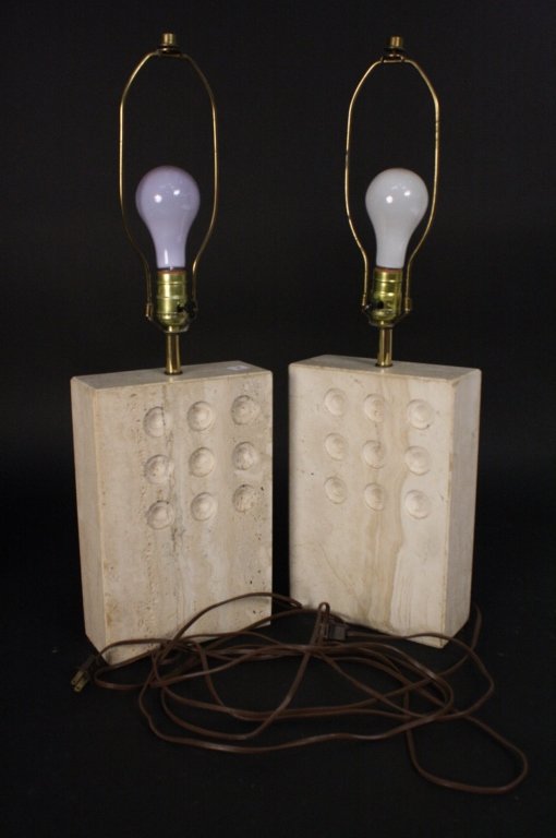 Vintage Pair Travertine Cube Lamps c. 1970s (1 of 4)