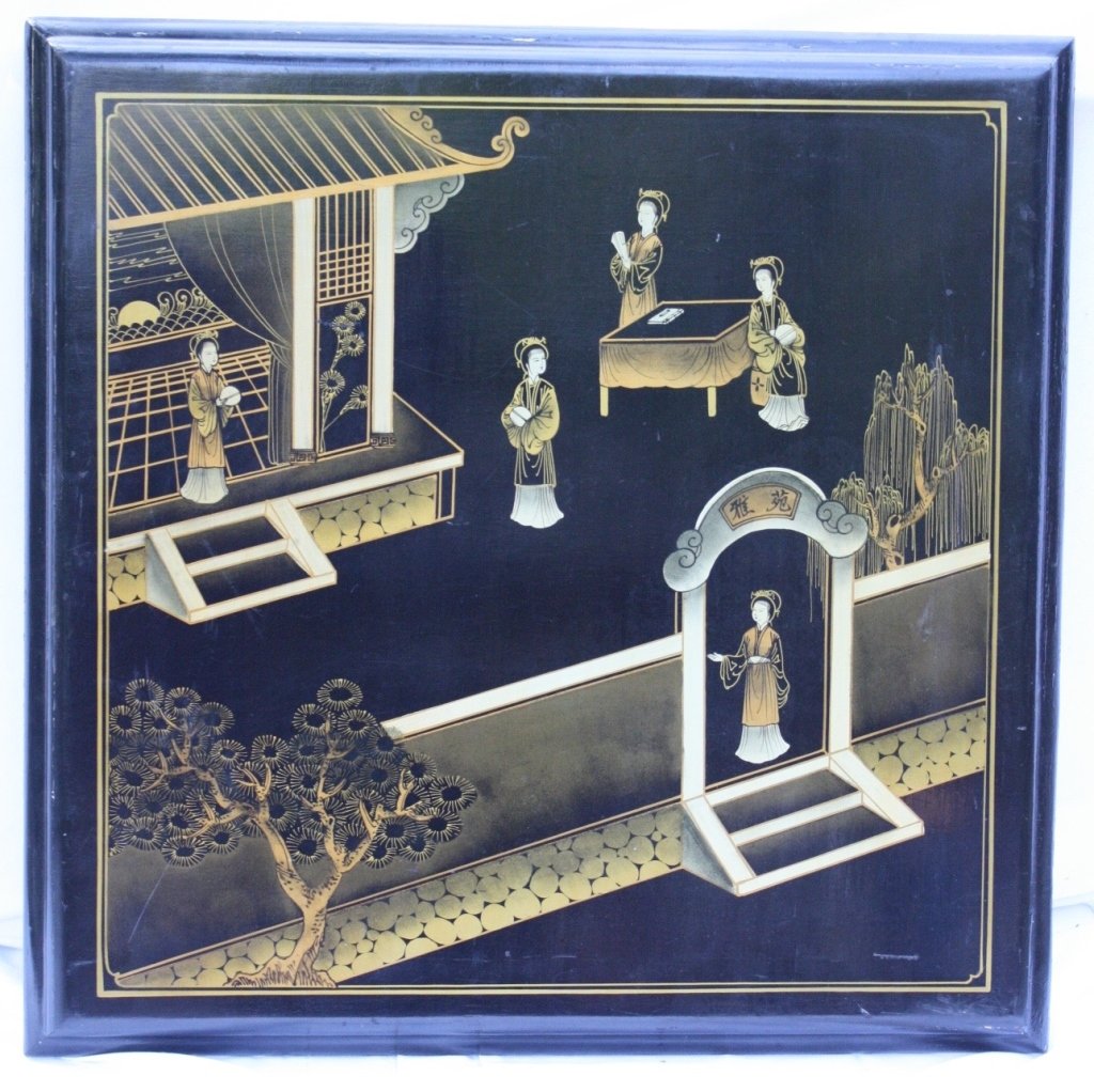 Ornate Gold on Black Lacquer Asian Painting (1 of 4)