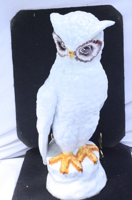 Large White Ceramic Owl: Height 16 inches. Hand Made pottery owl with detailed painted face and articulated feathers and feet.