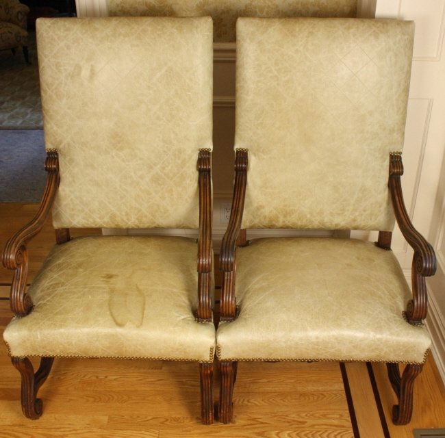 Pair Antique French Walnut and Leather arm chairs (1 of 8)