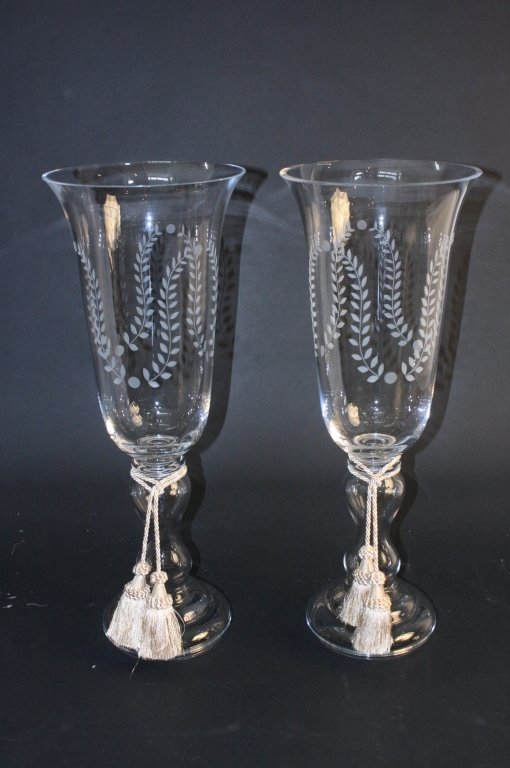 Two Large Etched Hurricane Glass Pedestal Vases (1 of 5)