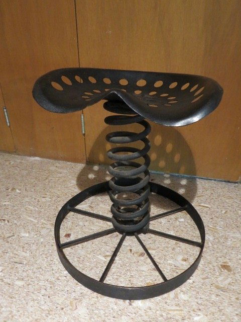 Tractor Seat Stool on Spring with Wagon Wheel Base (1 of 6)