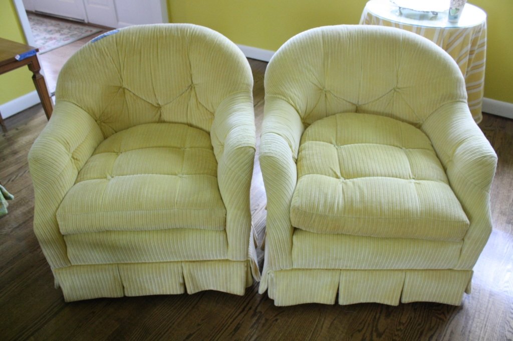 Pair of SHAW Yellow Striped Tufted Round Chairs: Solid construction and very comfortable seating. Measures 30 W by 30 H and 36 inches D. Property of a Scarsdale, NY Estate.