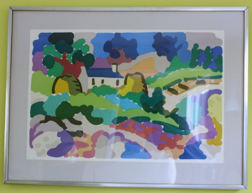 CHARLES LAPICQUE Signed Abstract Landscape 97/125: Purchased in France October 1974. Colorful depiction of countryside home with trees, blue skies and surrounding landscape. One of Frances leading contemporary artists of his time. Died 1988. He held s