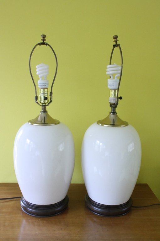 Pair Creme End Table Lamps with Walnut Base (1 of 4)