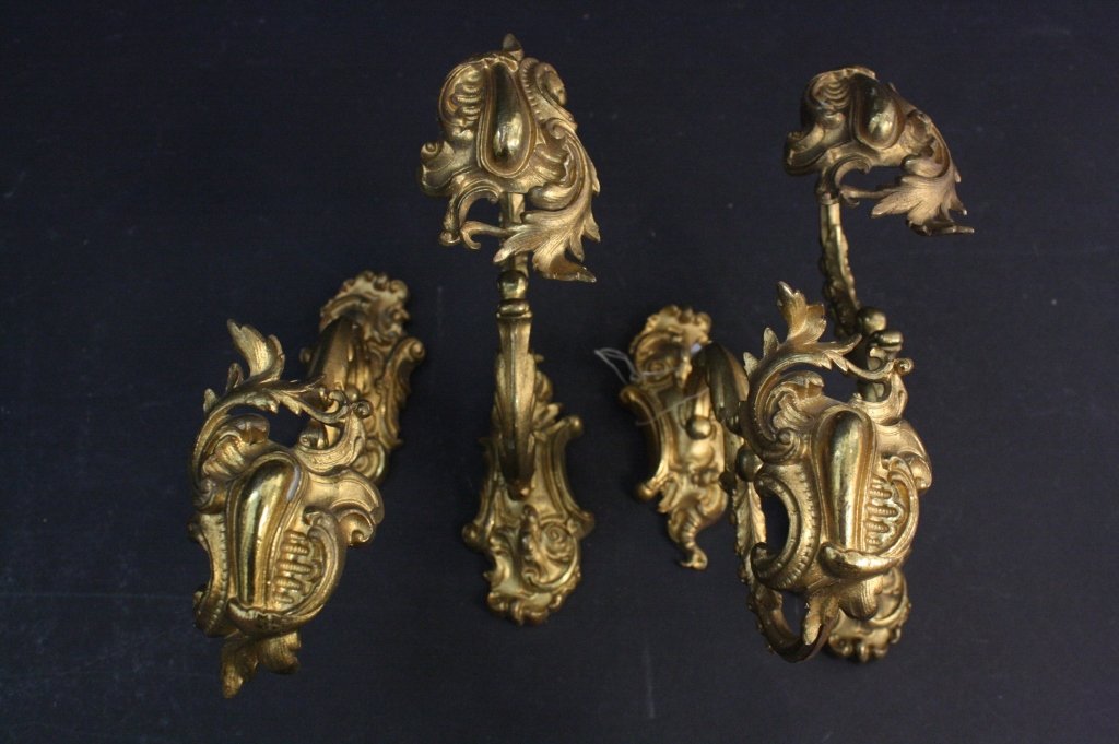 Vintage French Gilded Drappery Hooks: Vintage French gilded drappery hooks in a French Empire style. each measures about 6 x 7 inches.