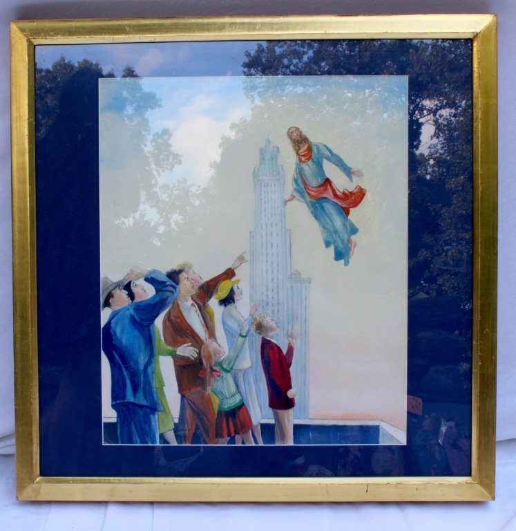 Watercolor of City Religious Scene C1940: Apparently unsigned street crowd spots Jesus Christ aloft by skyscraper, superman parody. Measures Height 22 inches by 22 inches
