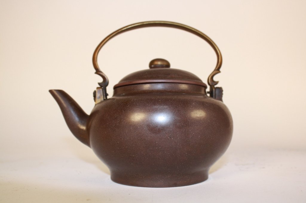 Antique Chinese Yixing Clay Teapot w. Brass Handle (1 of 6)