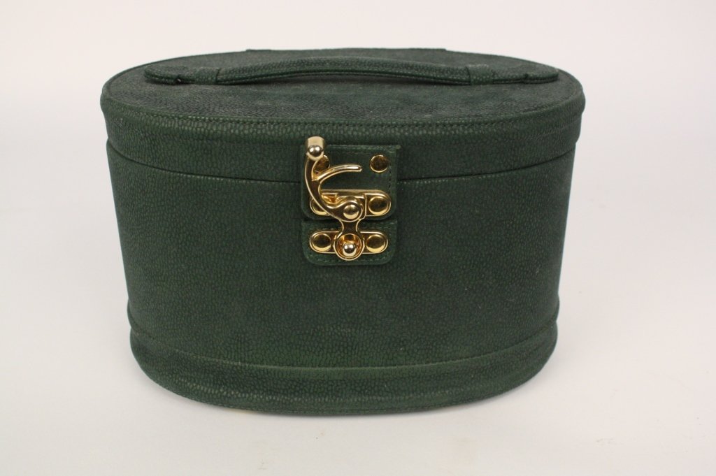 Vintage Brass and Sueded Womens Travel Case: Includes a green suede traveling jewelry box with brass buckle and feet with divided insert tray.