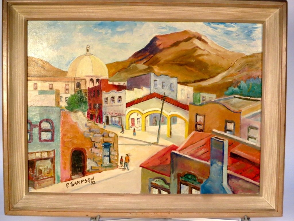 P.SAMPSON 1952 Oil on Canvas Village Scene. (1 of 5)