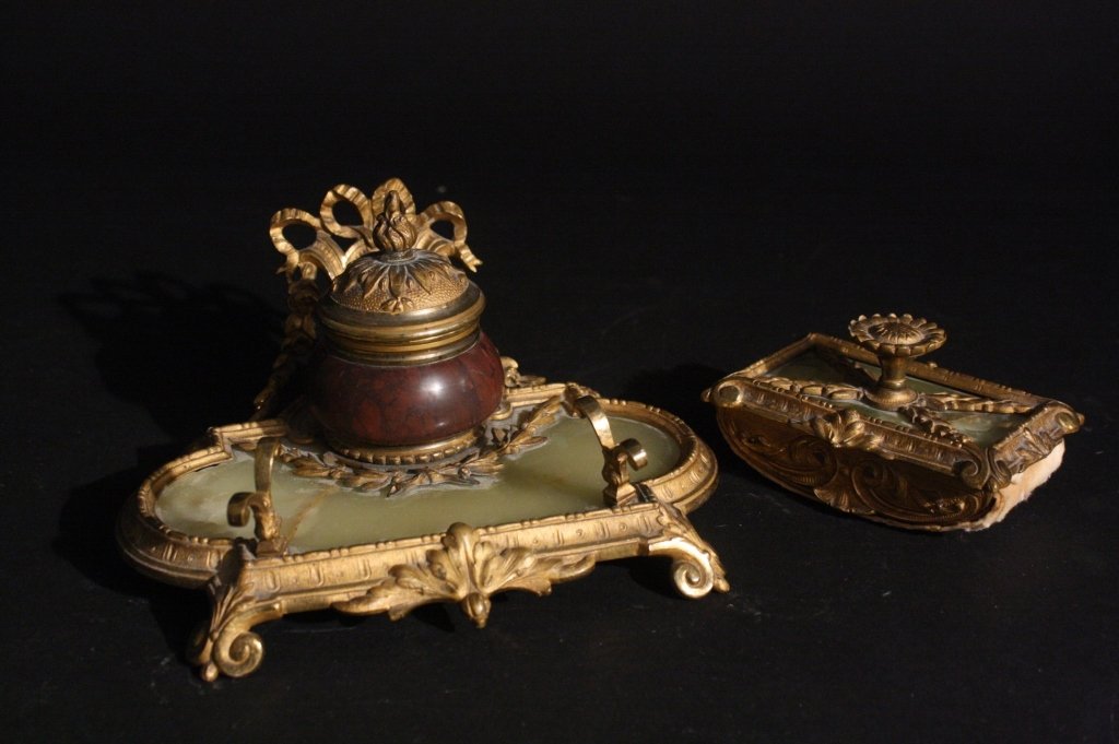 Antique French Empire Gilded Onyx Jasper Inkwell (1 of 2)