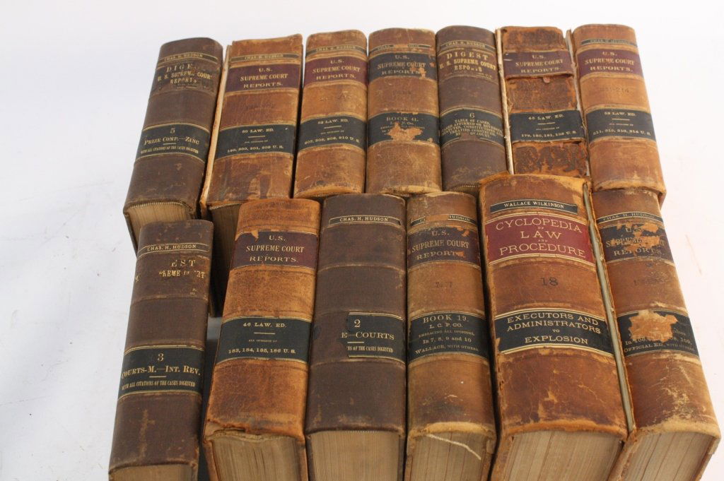 Assorted Collection of Antique Law Books: Total 13 Books Includes Encyclopedia of Law and US Supreme Count Reports and Digests. Property of A Greenwich, CT Estate.