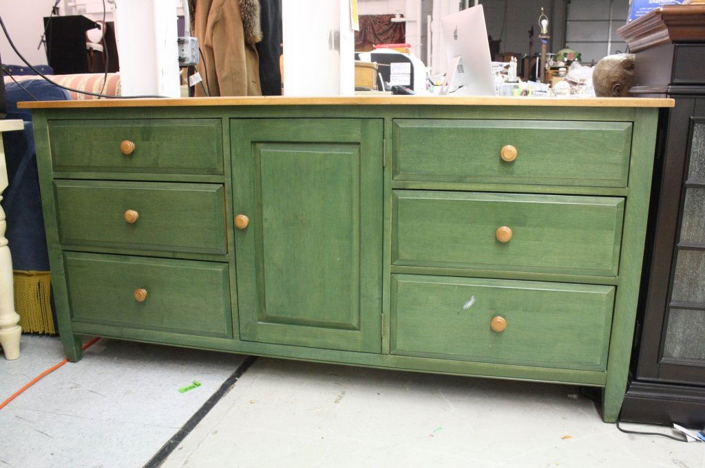 ETHAN ALLEN Vintage Two Tone Dresser: Oak and Green Finish, Six drawers and one center door. Measures 32h x 67w x 19d.