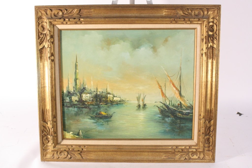 R. KID Maritime Oil on Canvas: Asian marina scene at sunset. Soft palette, professionally framed. Decoratively carved wood frame painted gold. 28h x 32w.