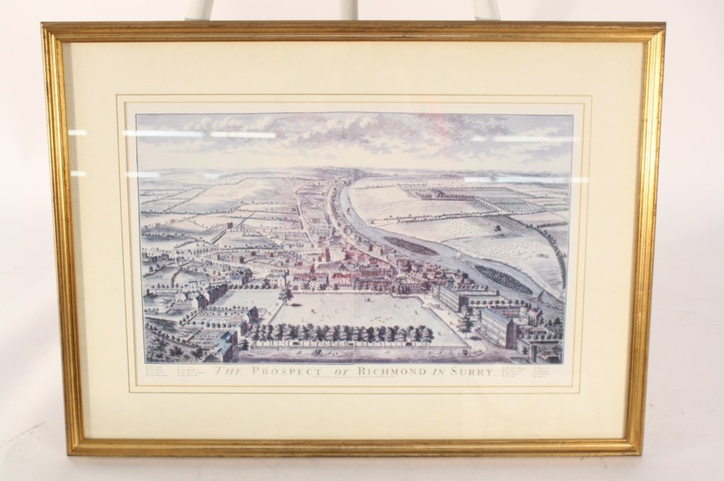 The Prospect of Richmond in Surry Print: Print of Richmond, Surry, printed by H. Overton & J. Hoole at the White Hose without Negate London, professionally framed and matted, gold painted wood frame, measures 24.5 inches wide by 18 inches ta