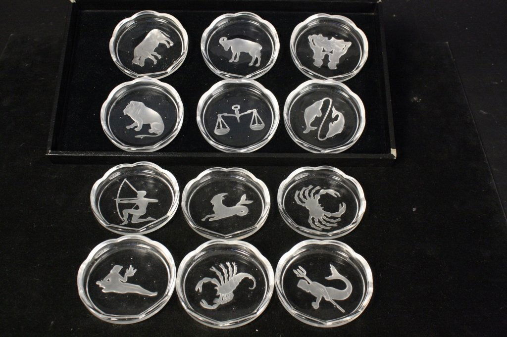 VAL ST LAMBERT Zodiac Motif Crystal Coasters (1 of 5)
