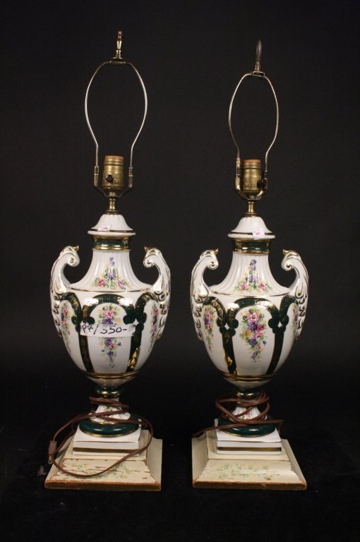 Pair Hand Painted Porcelain Gold Leaf Lamps (1 of 8)