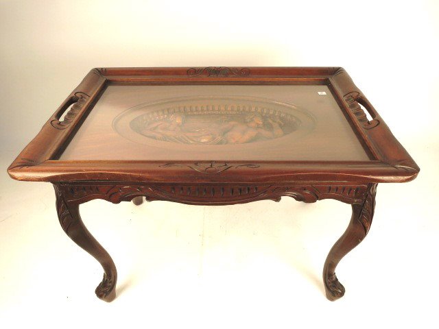 Antique Hand Carved Mahogany Glass Tray Table (1 of 7)