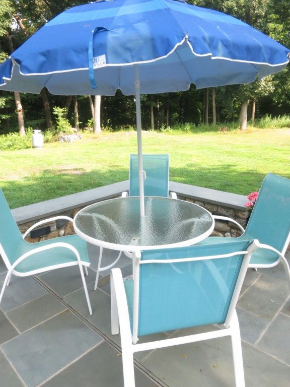 Outdoor Dining Table and Chairs: Aluminum and glass round table with umbrella and four chairs.