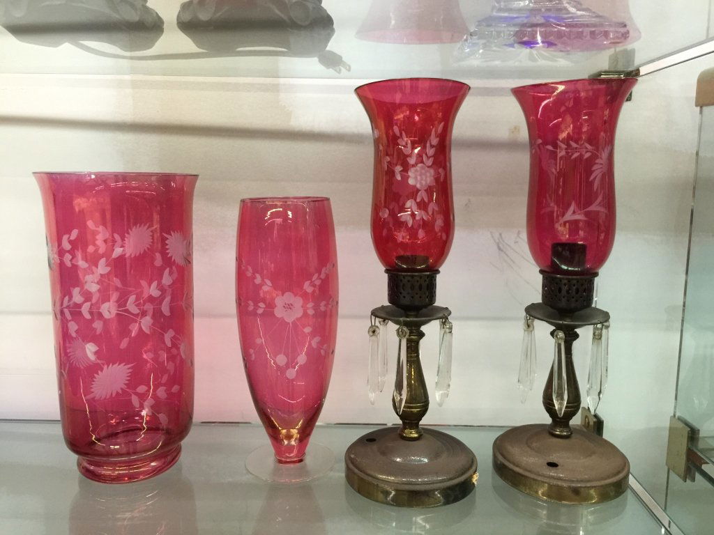 Pair ZENTON Ruby Etched Vases and Hurricane Lamps (1 of 5)