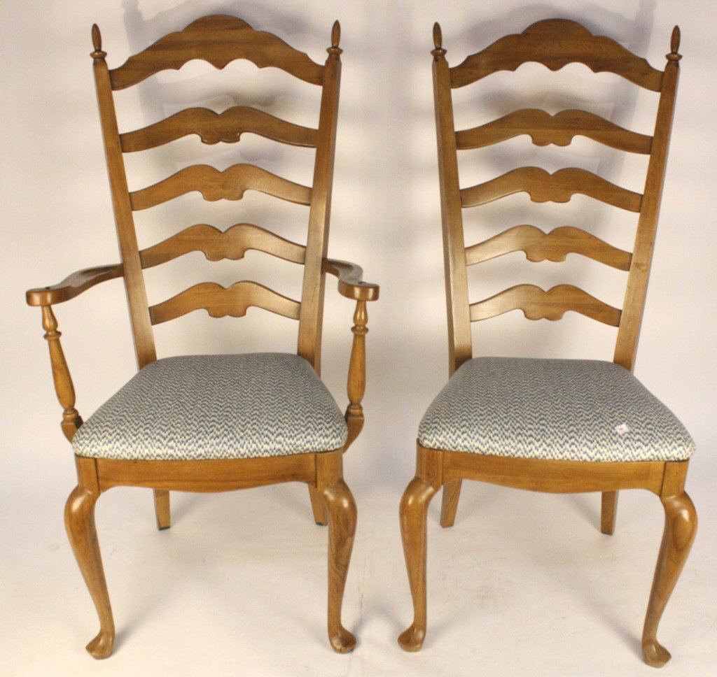 Set of Six Ladder back Dining Room Chairs: Country style oak chairs with speckled blue and white seats. Good to very good condition. One Chair is missing a finial. Measures 44 inches high at back and seat 18 inches wide and 15 inches deep.