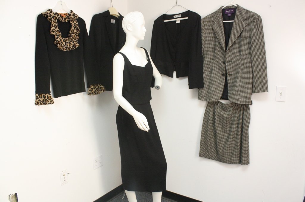 Lot Designer Suits and Tops: Group lot designer suits and tops some vintage. Includes RALPH LAUREN Purple Label hounds tooth patterned suit, Sonia Rykiel Paris Black Evening Jacket, LANE DAVIS Beverly Hills, black silk cocktail s
