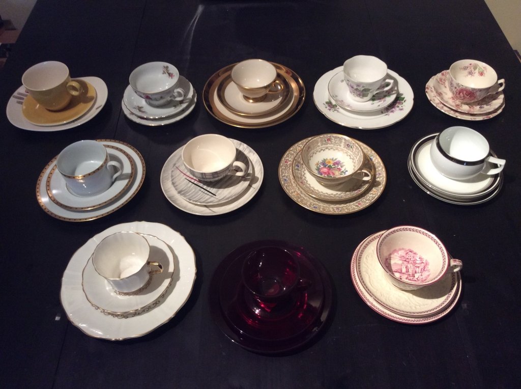 Collection of 12 Tea Service Sets: English, German, American, and Japanese teacups, saucers and dessert plates. Mix and match these pretty collectable trios to create your own dessert set. Includes Thomas Ivory, Bavaria (mfr 1908-1939)