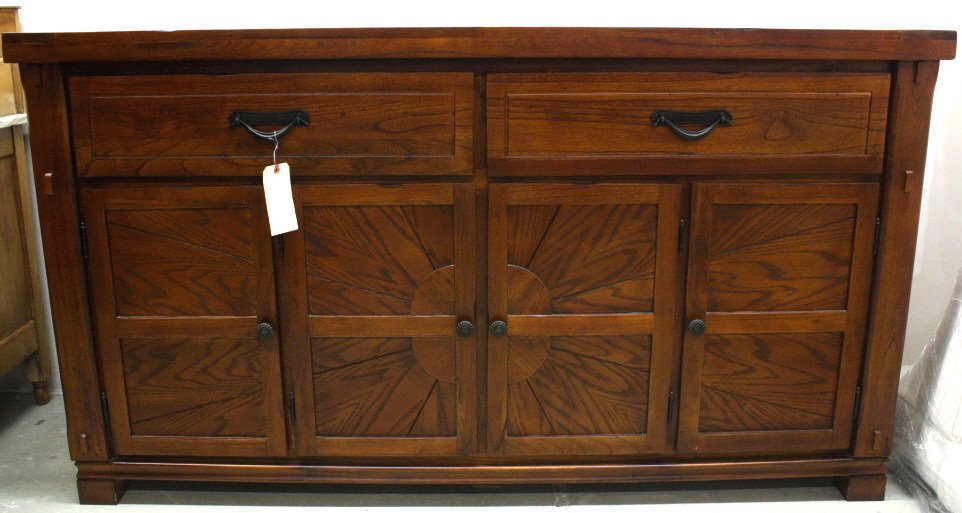 ZOCALO Deco Maple Stained Sideboard: Geometric design with grainy, rustic finish and dark bronze metal hardware.