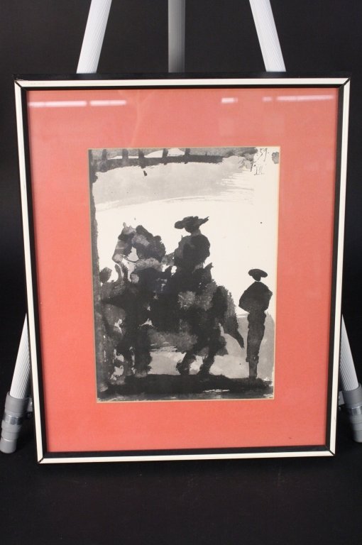 PICASSO Black and White Abstract Litho: Black and white watercolor, looks like a man riding a horse, 59 in top right corner with VIII underneath, professionally framed and matted, black and white wood frame, measures 17 inches wide by 21 in